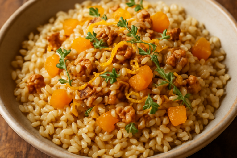 Arroz integral com damasco seco e nozes em prato de cerâmica, finalizado com raspas de laranja e tomilho fresco