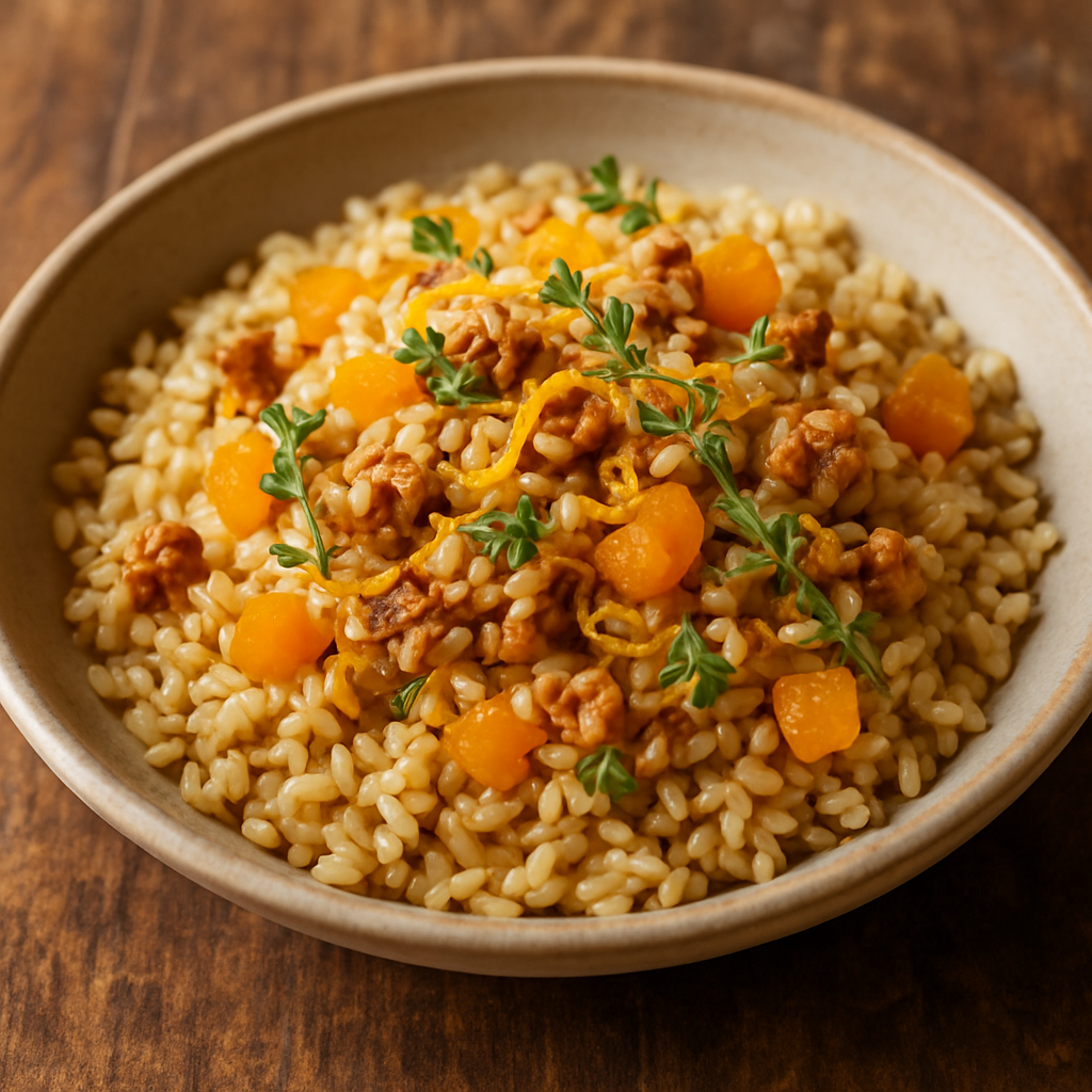 Arroz integral com damasco seco e nozes em prato de cerâmica, finalizado com raspas de laranja e tomilho fresco