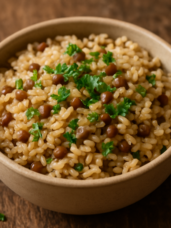 Tigela com arroz integral com lentilhas temperado, soltinho e finalizado com azeite e salsinha