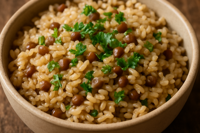 Tigela com arroz integral com lentilhas temperado, soltinho e finalizado com azeite e salsinha