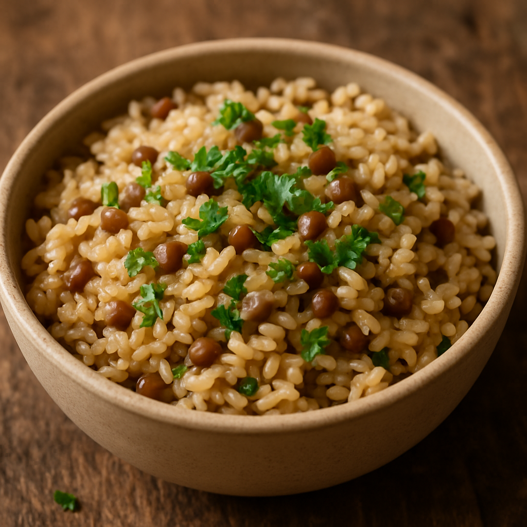 Tigela com arroz integral com lentilhas temperado, soltinho e finalizado com azeite e salsinha