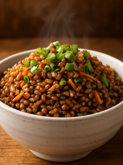 Tigela com arroz integral com shoyu temperado, cenoura ralada e cebolinha verde por cima
