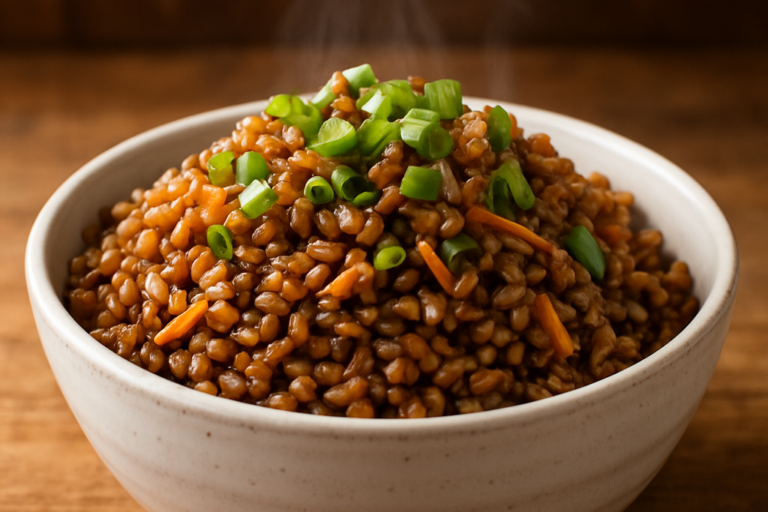 Tigela com arroz integral com shoyu temperado, cenoura ralada e cebolinha verde por cima