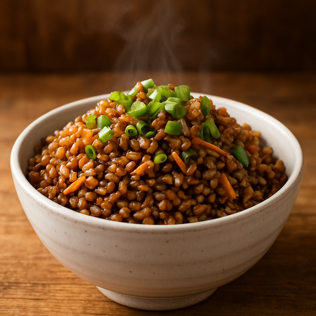 Tigela com arroz integral com shoyu temperado, cenoura ralada e cebolinha verde por cima
