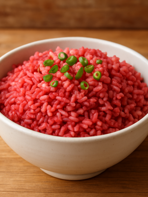 Arroz integral de beterraba servido em tigela de cerâmica branca com cebolinha verde por cima