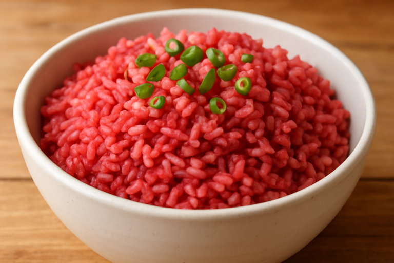 Arroz integral de beterraba servido em tigela de cerâmica branca com cebolinha verde por cima