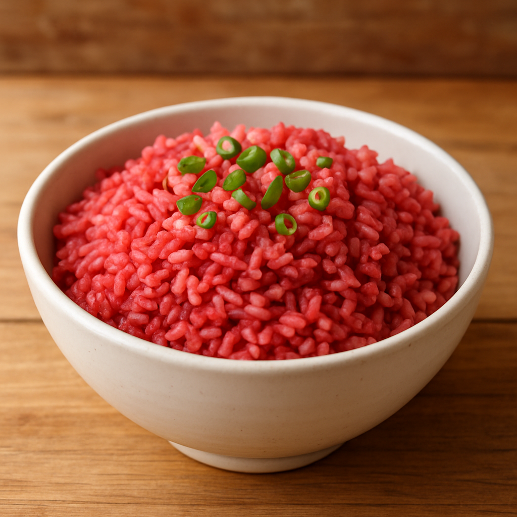 Arroz integral de beterraba servido em tigela de cerâmica branca com cebolinha verde por cima