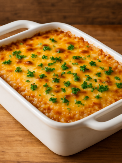 arroz integral de forno cremoso com queijo gratinado e salsinha em refratário branco