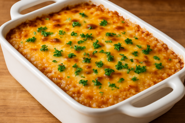 arroz integral de forno cremoso com queijo gratinado e salsinha em refratário branco