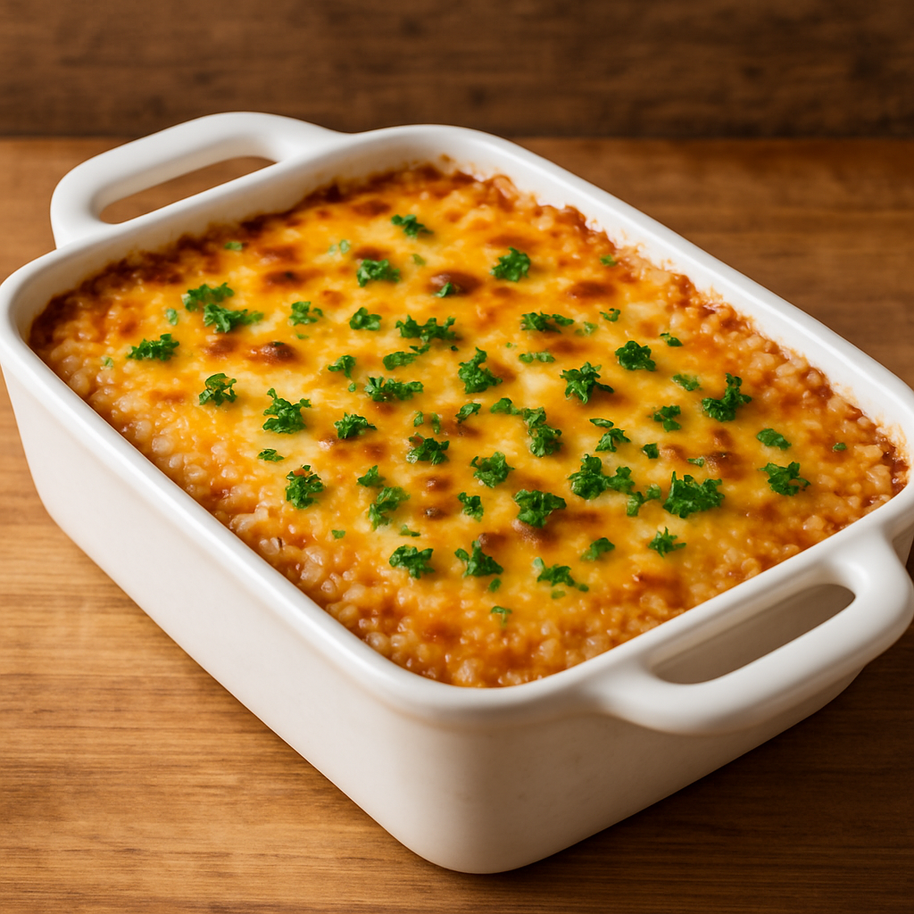 arroz integral de forno cremoso com queijo gratinado e salsinha em refratário branco