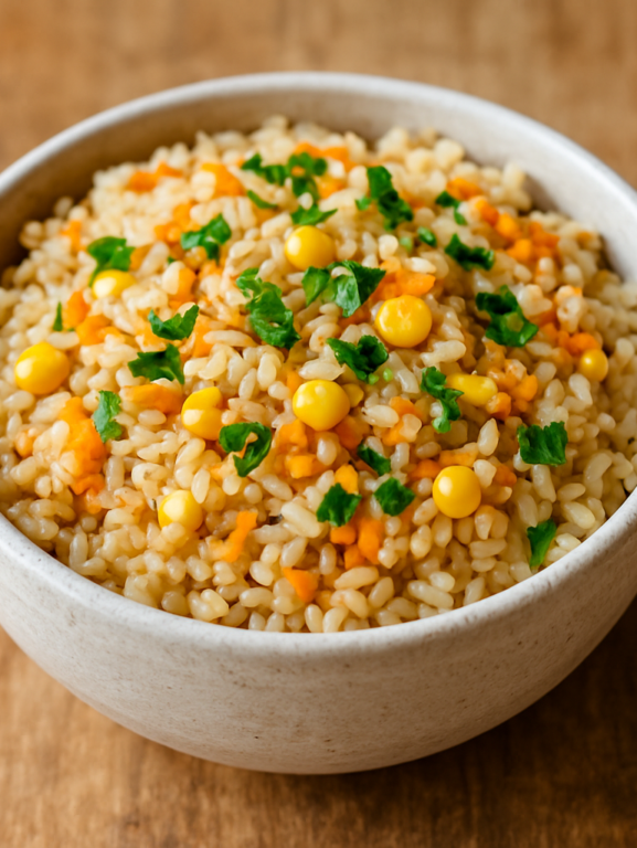 Arroz integral diferente com cenoura ralada, milho e ervas frescas em tigela de cerâmica branca