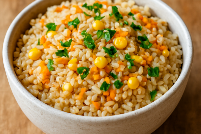 Arroz integral diferente com cenoura ralada, milho e ervas frescas em tigela de cerâmica branca