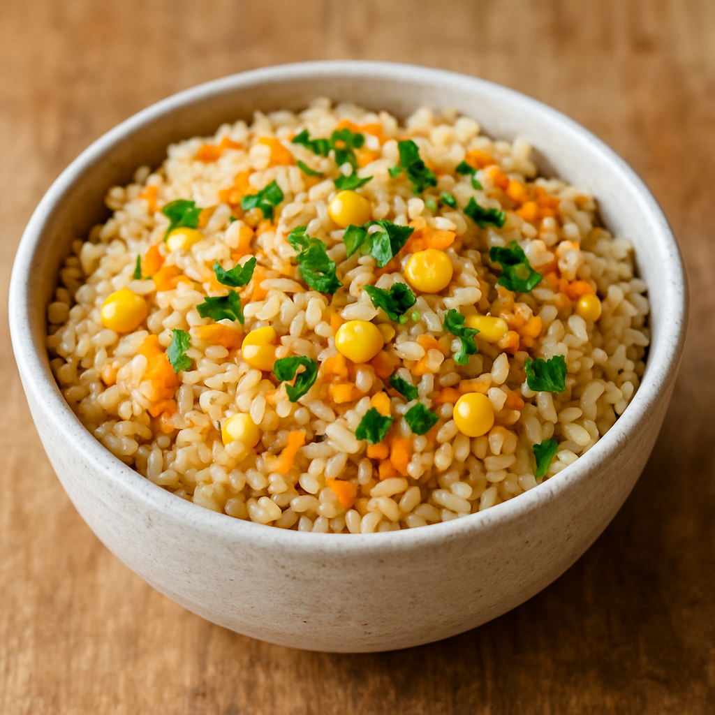 Arroz integral diferente com cenoura ralada, milho e ervas frescas em tigela de cerâmica branca