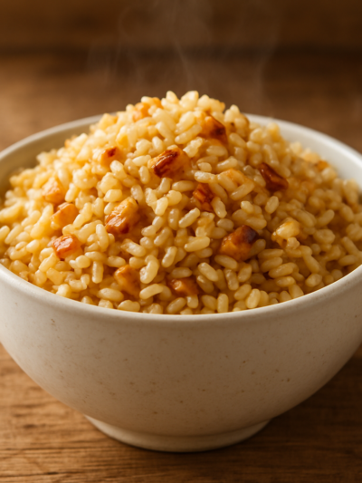 Arroz integral soltinho temperado com alho e cebola servido em tigela de cerâmica branca