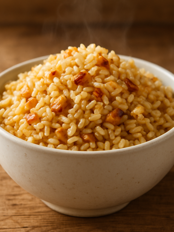 Arroz integral soltinho temperado com alho e cebola servido em tigela de cerâmica branca