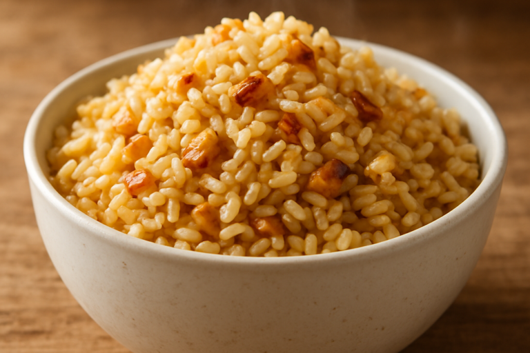 Arroz integral soltinho temperado com alho e cebola servido em tigela de cerâmica branca