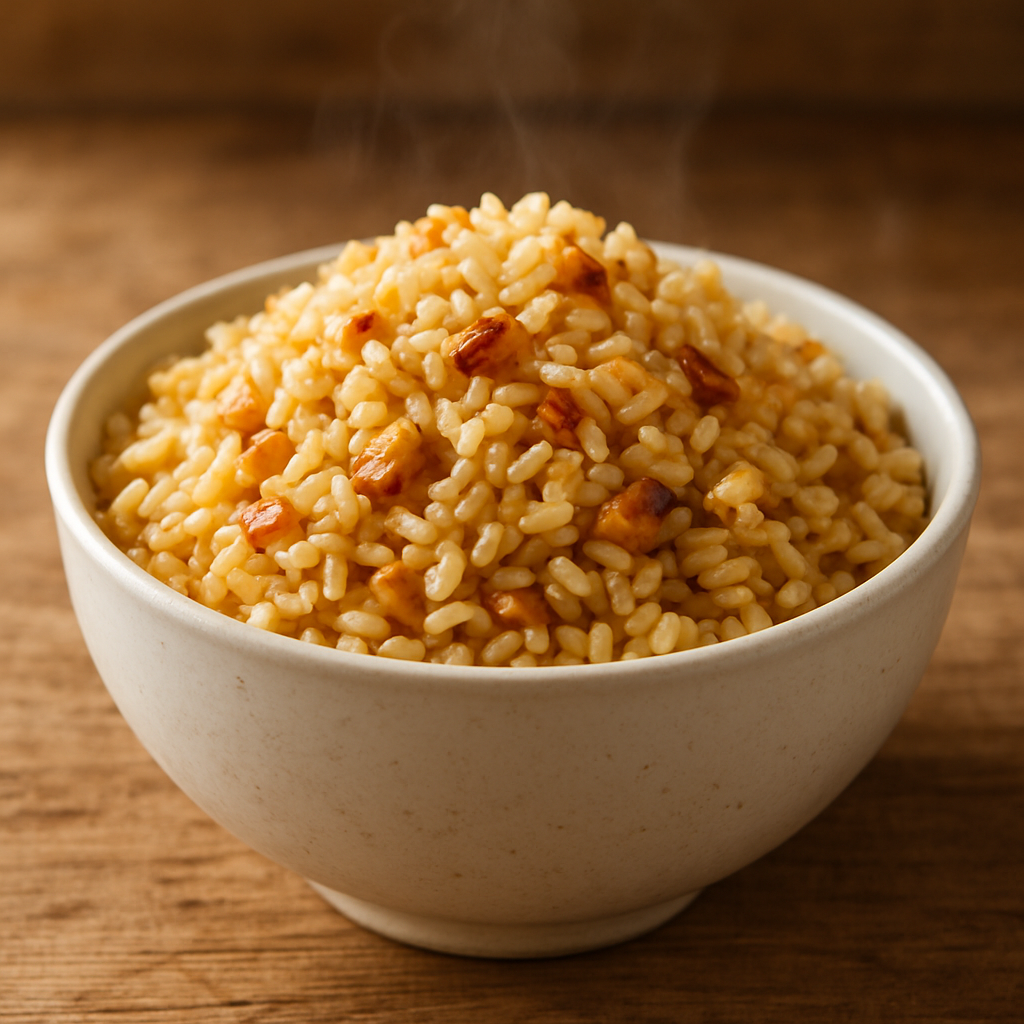 Arroz integral soltinho temperado com alho e cebola servido em tigela de cerâmica branca