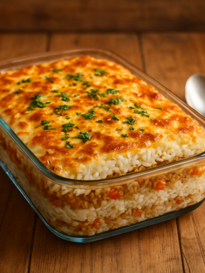 arroz recheado com carne de proteína vegetal texturizada gratinado com mussarela dourada em refratário de vidro