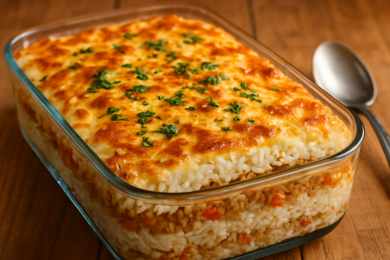 arroz recheado com carne de proteína vegetal texturizada gratinado com mussarela dourada em refratário de vidro