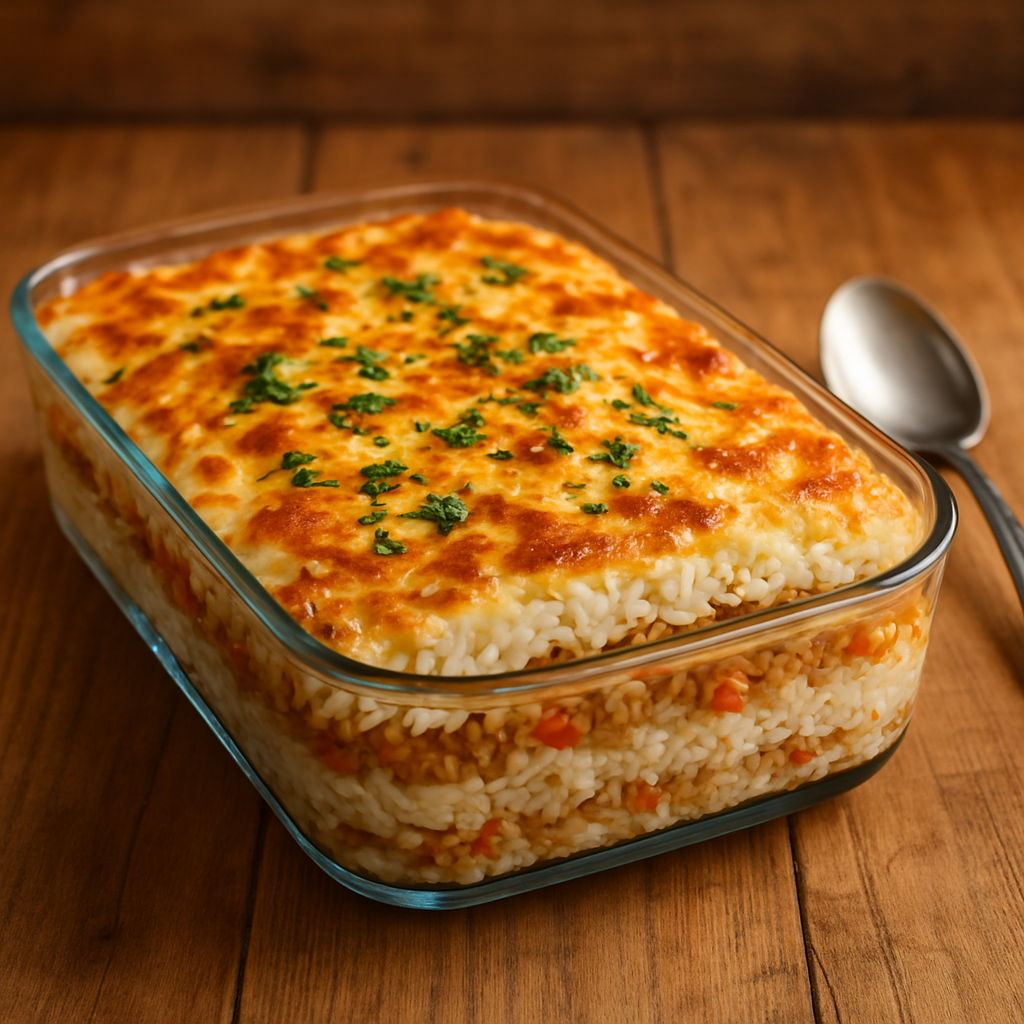 arroz recheado com carne de proteína vegetal texturizada gratinado com mussarela dourada em refratário de vidro