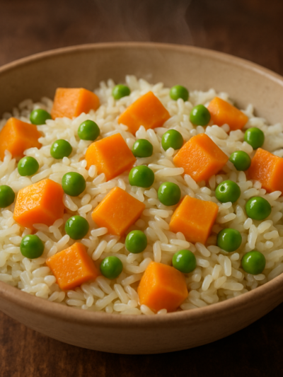 Arroz Salvador soltinho com cubos de batata doce e ervilhas em prato de cerâmica