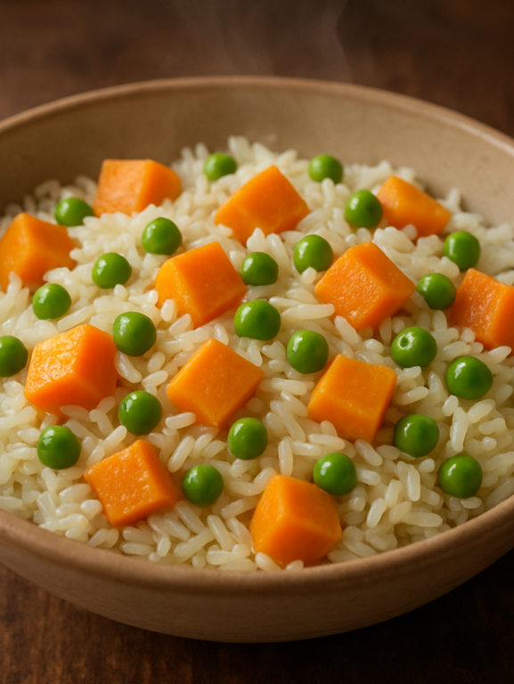 Arroz Salvador soltinho com cubos de batata doce e ervilhas em prato de cerâmica