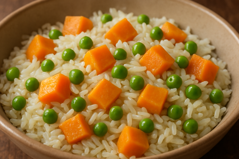 Arroz Salvador soltinho com cubos de batata doce e ervilhas em prato de cerâmica