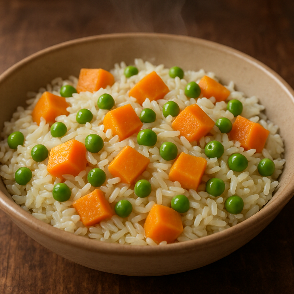 Arroz Salvador soltinho com cubos de batata doce e ervilhas em prato de cerâmica