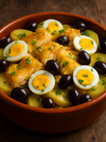 bacalhau sem açúcar para o almoço servido em caçarola de barro com batatas, ovos e azeitonas