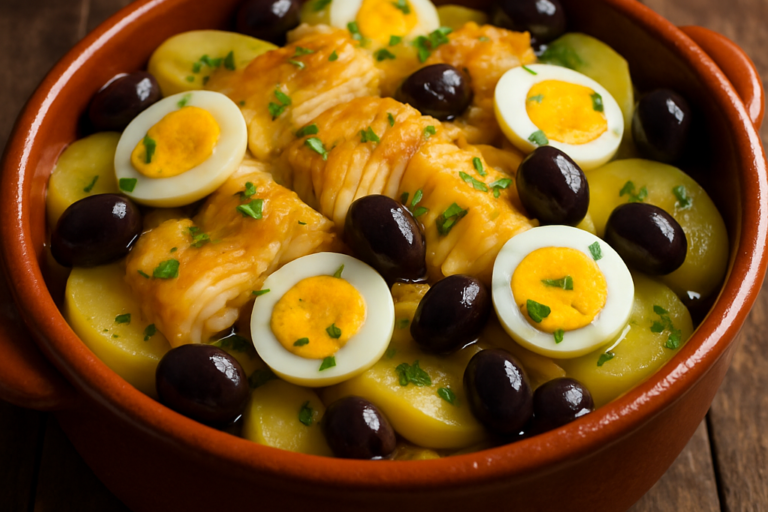 bacalhau sem açúcar para o almoço servido em caçarola de barro com batatas, ovos e azeitonas