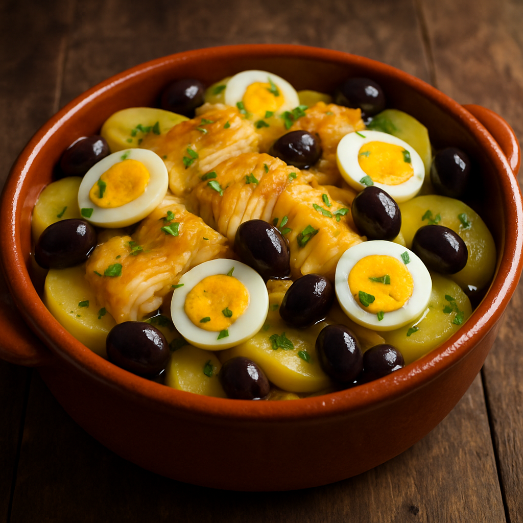 bacalhau sem açúcar para o almoço servido em caçarola de barro com batatas, ovos e azeitonas