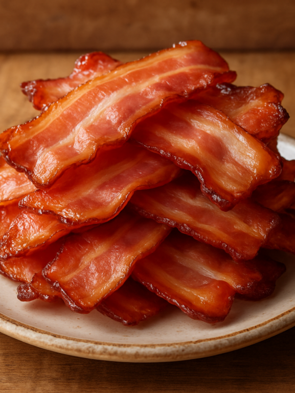 fatias de bacon sem fumaça douradas e crocantes em prato branco