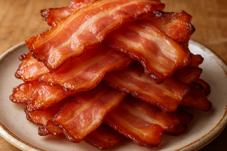 fatias de bacon sem fumaça douradas e crocantes em prato branco