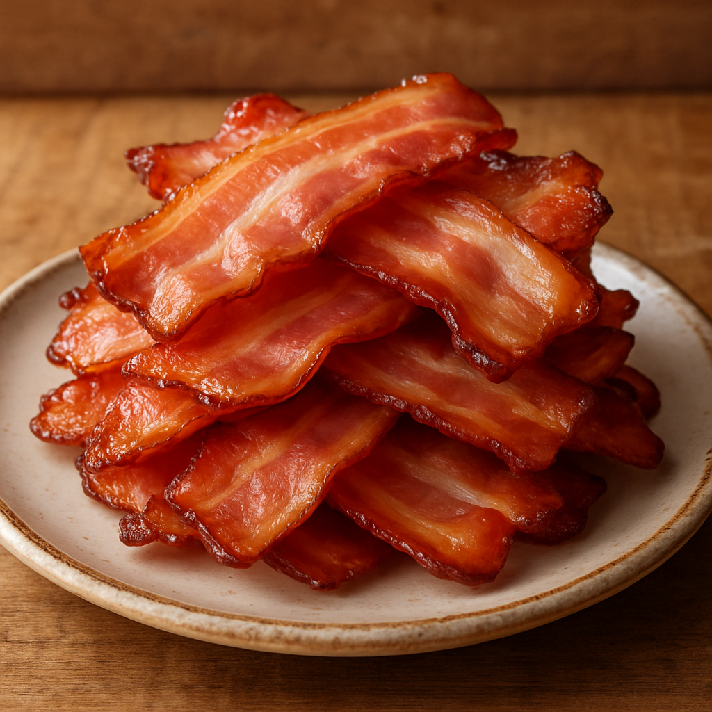 fatias de bacon sem fumaça douradas e crocantes em prato branco