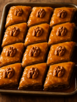 Baklava de nozes cortada em losangos dourados com calda de mel brilhante e camadas crocantes visíveis