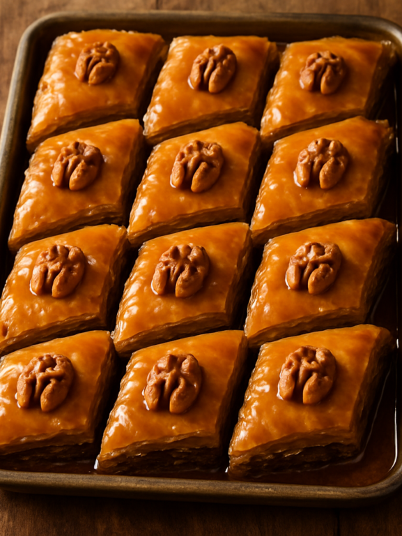 Baklava de nozes cortada em losangos dourados com calda de mel brilhante e camadas crocantes visíveis