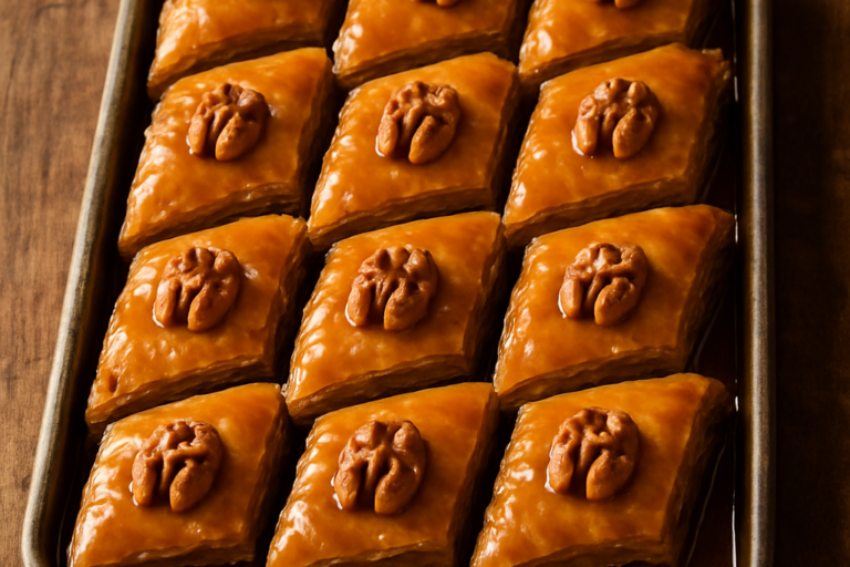 Baklava de nozes cortada em losangos dourados com calda de mel brilhante e camadas crocantes visíveis