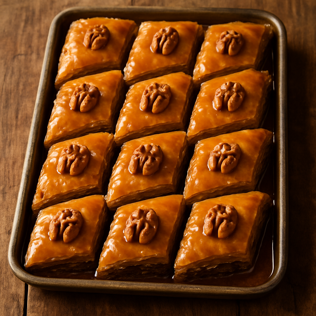 Baklava de nozes cortada em losangos dourados com calda de mel brilhante e camadas crocantes visíveis