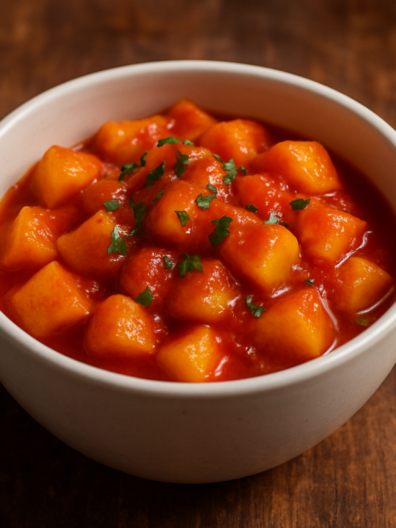 Batata em molho de tomate caseiro servida em tigela de cerâmica com salsinha fresca