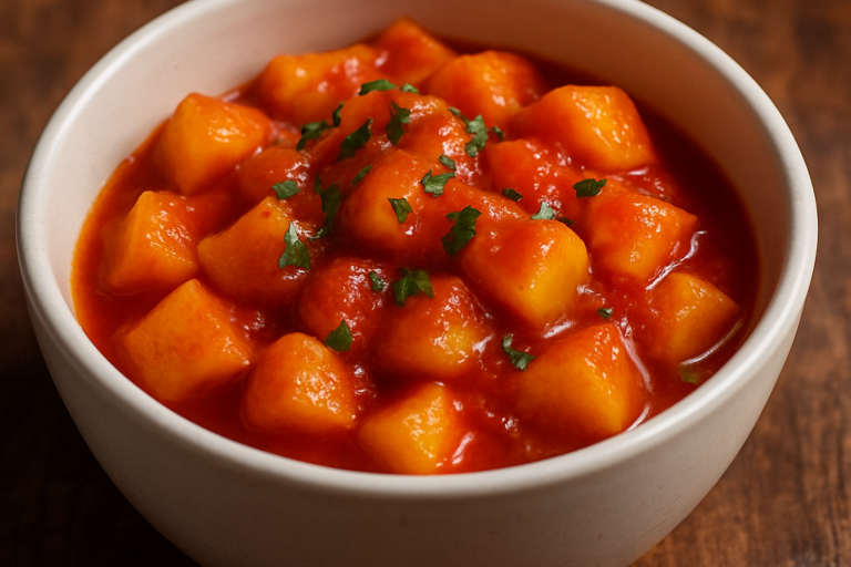 Batata em molho de tomate caseiro servida em tigela de cerâmica com salsinha fresca