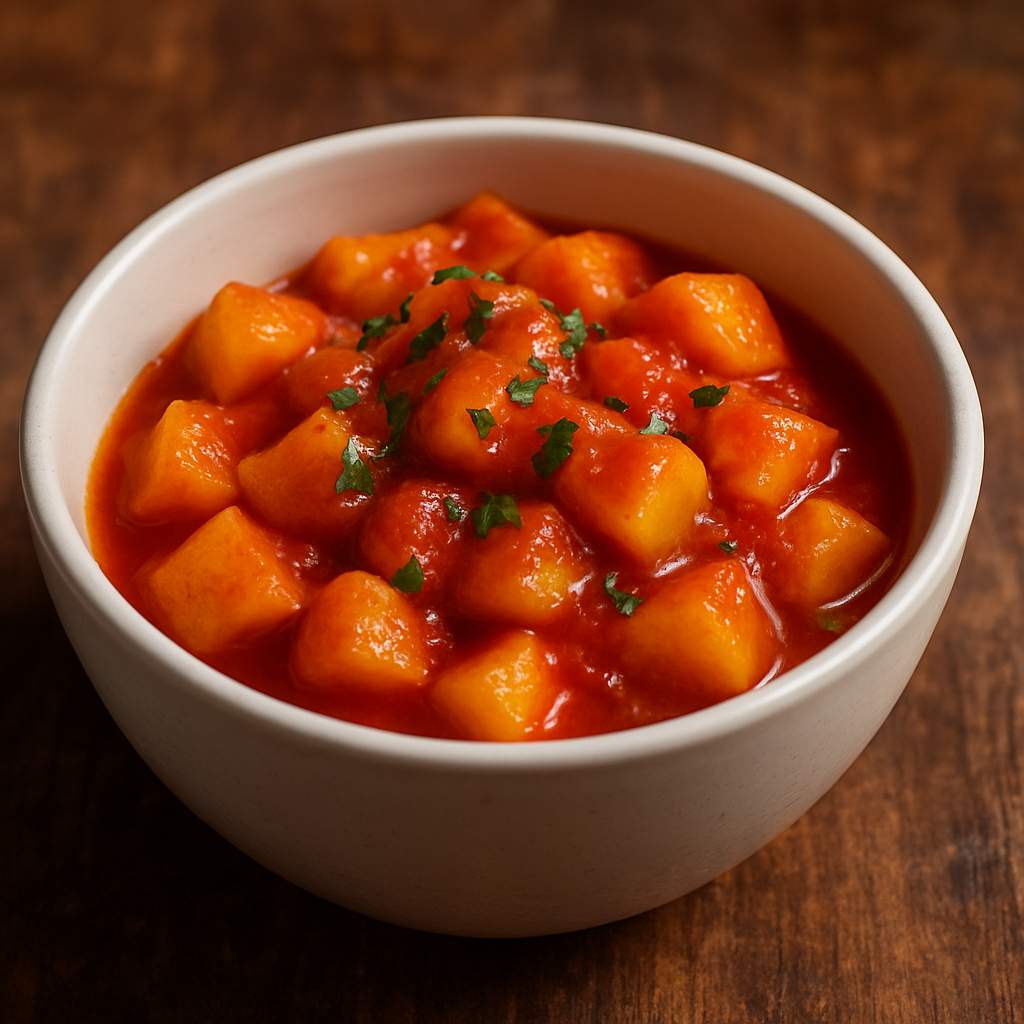 Batata em molho de tomate caseiro servida em tigela de cerâmica com salsinha fresca