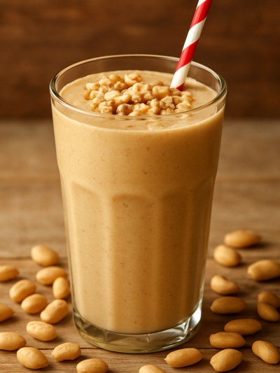 copo de batida de amendoim cremosa gelada com amendoins torrados por cima