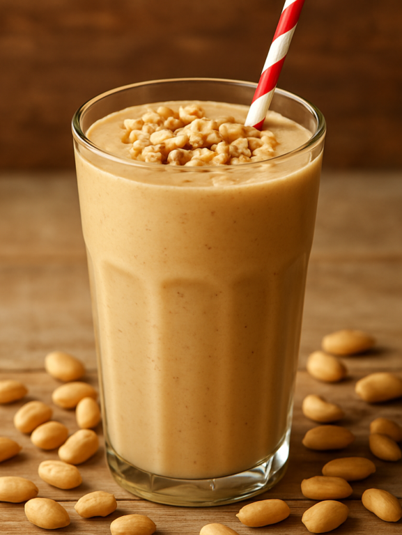 copo de batida de amendoim cremosa gelada com amendoins torrados por cima