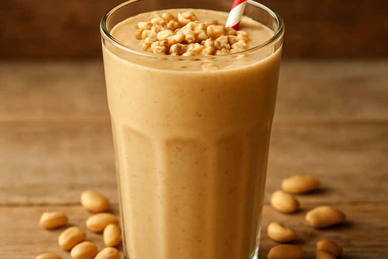 copo de batida de amendoim cremosa gelada com amendoins torrados por cima