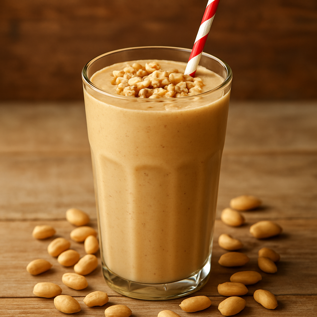 copo de batida de amendoim cremosa gelada com amendoins torrados por cima