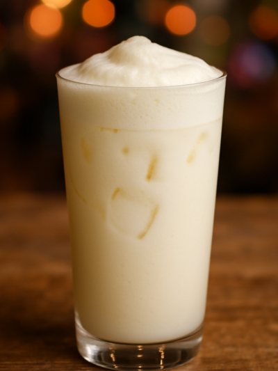 Copo alto com batida de leite cremosa e espumosa gelada, pronta para servir