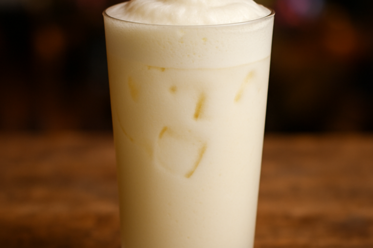 Copo alto com batida de leite cremosa e espumosa gelada, pronta para servir
