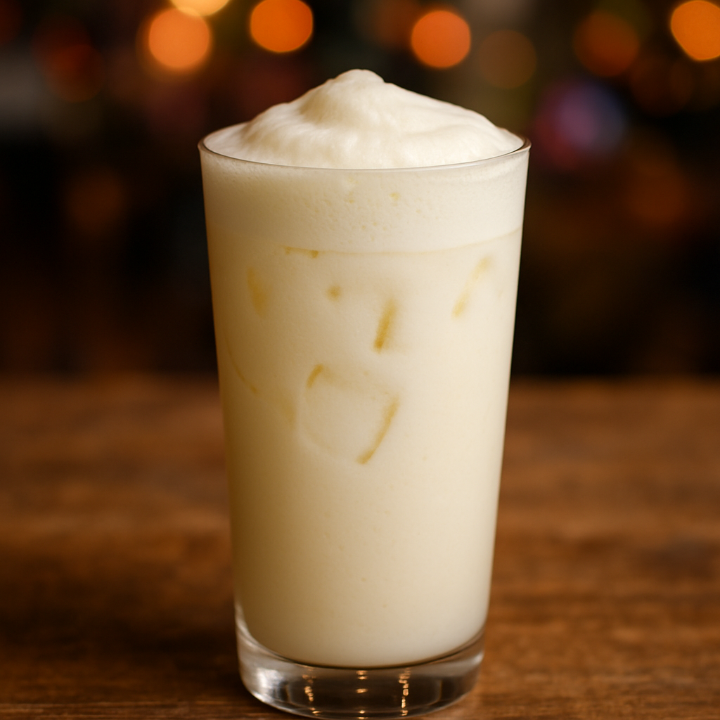 Copo alto com batida de leite cremosa e espumosa gelada, pronta para servir