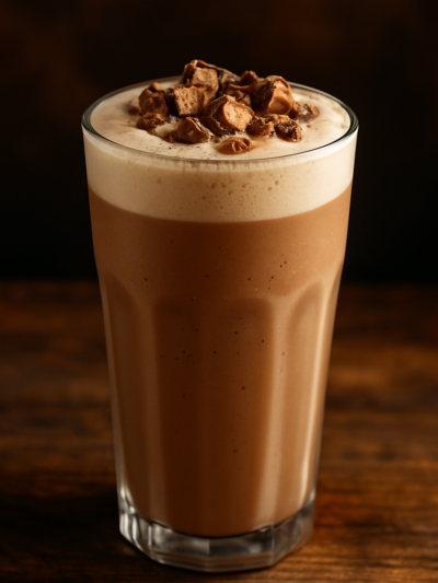 Batida de Sonho de Valsa cremosa em copo alto decorado com pedaços de bombom