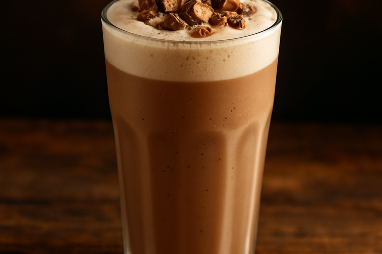 Batida de Sonho de Valsa cremosa em copo alto decorado com pedaços de bombom